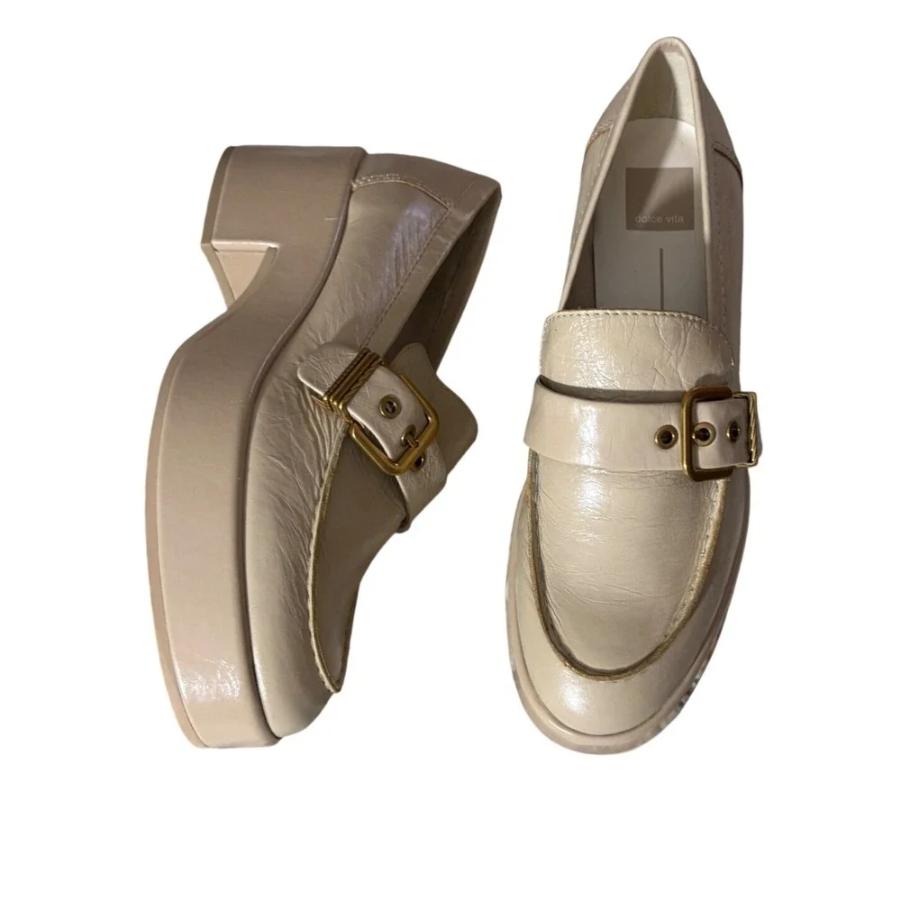 Dolce‎ Vita Yonder Loafers Sesame Crinkle Chunky Platform Leather sz 8.5